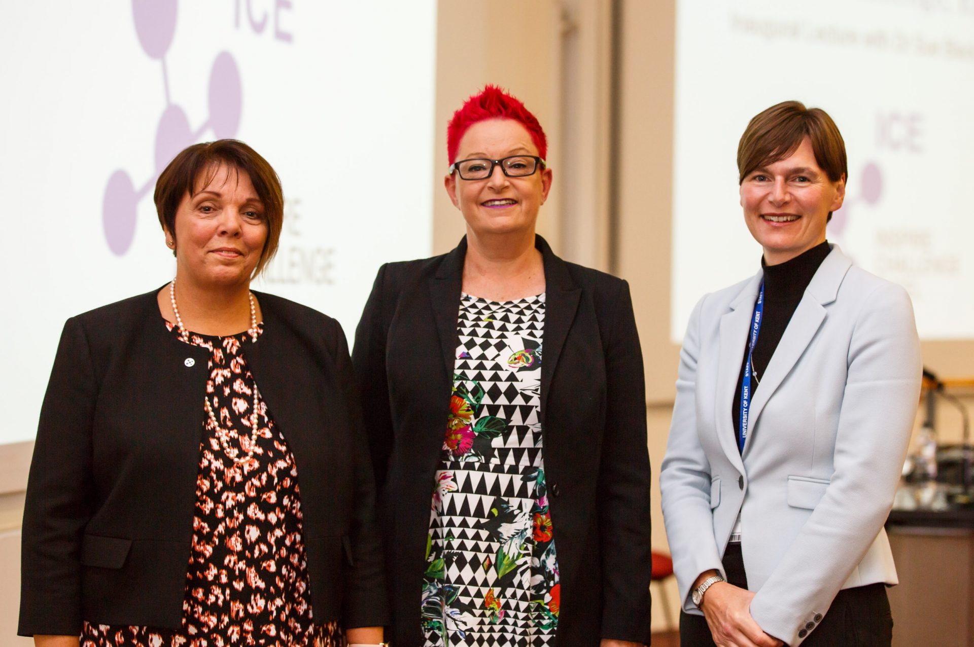 Portrait of Dr Sue Black with Vice-Chancellor Professor Karen Cox and Carole Barron.