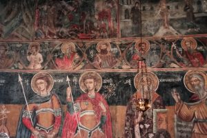 Orthodox frescos in a tiny monastery found on a hiking trail in the Vikos Gorge, Zagori Municipality, Epirus, Greece