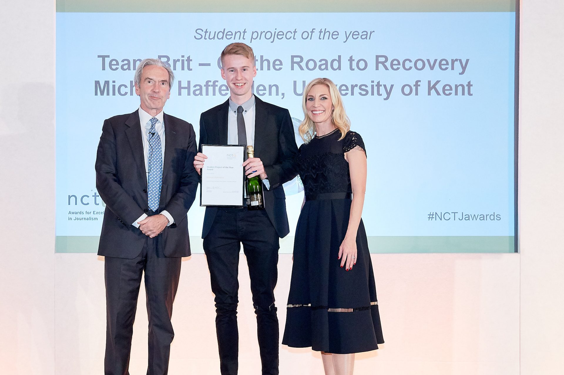 Michael Haffenden, centre with Kim Fletcher, NCTJ chairman and Sarah Hewson, Sky News presenter.