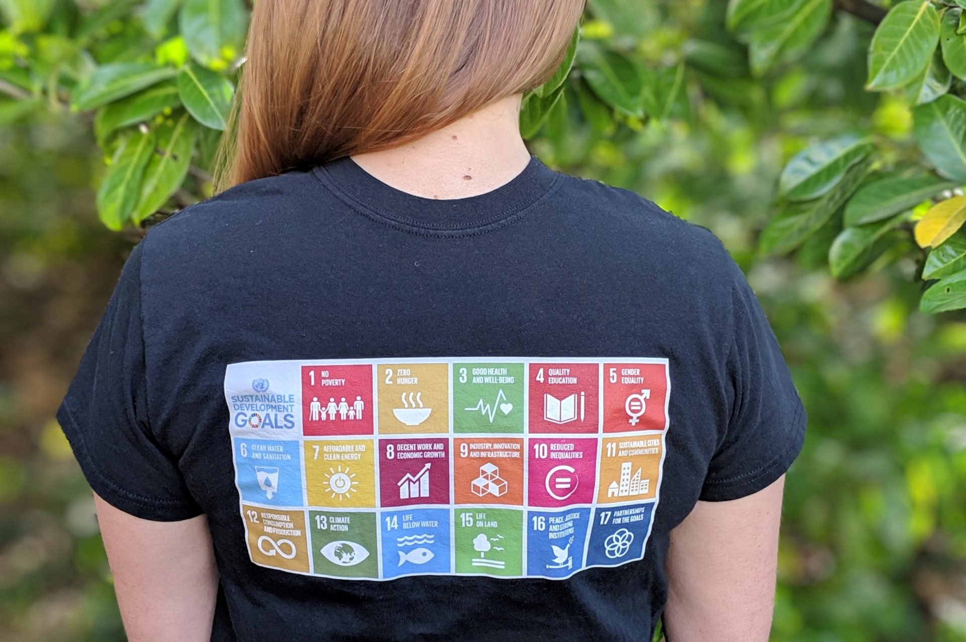 Back of t shirt with infographics showing sustainable goals