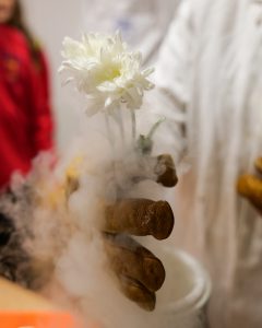 A gloved hand holding a flower in a cloud of smoke