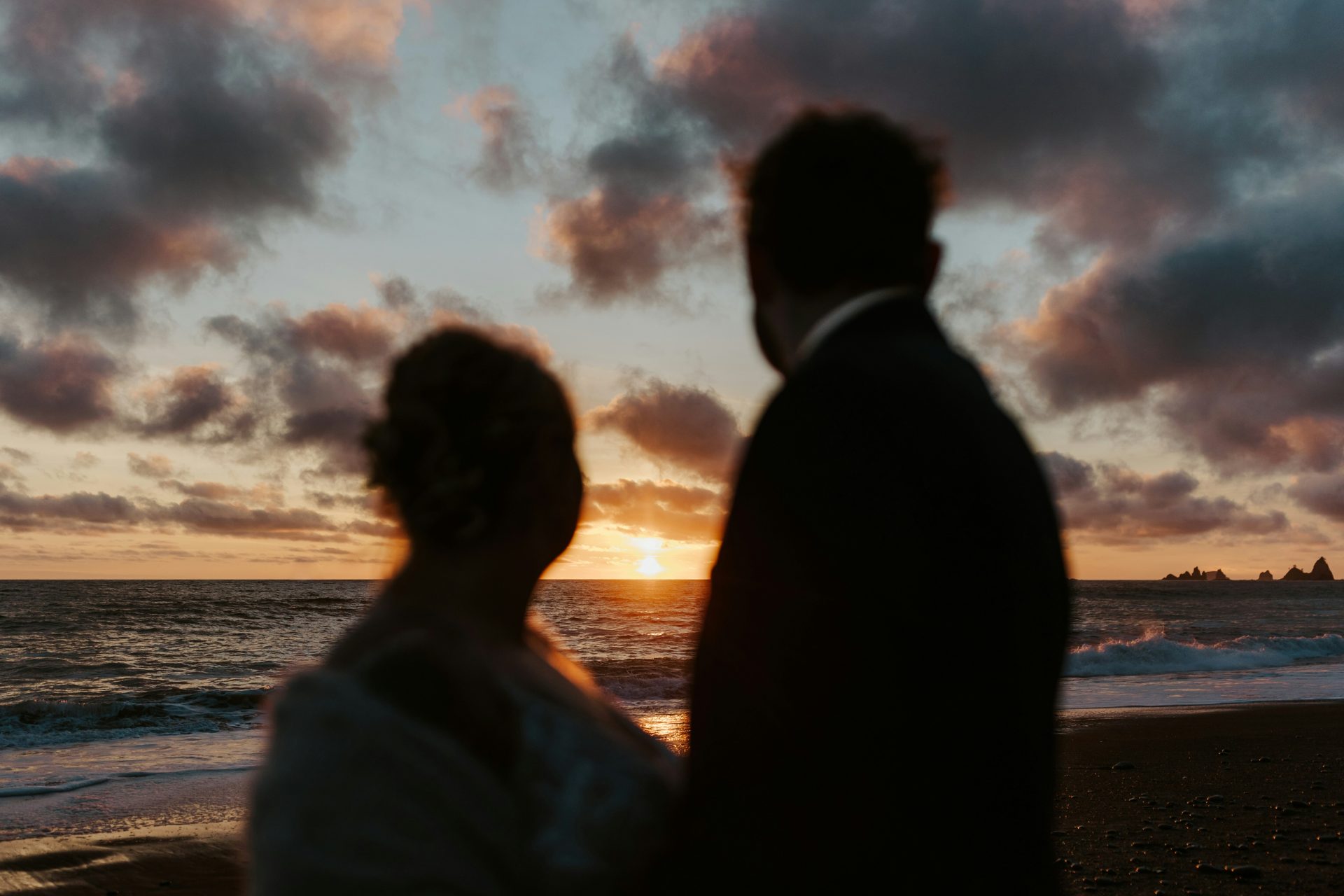 Bride and Groom on a beach looking into the sunset.